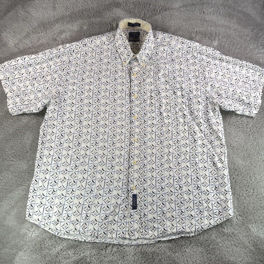 BD Baggies Linen Shirt Mens Large White Blue Geometric Button Down Short Sleeve